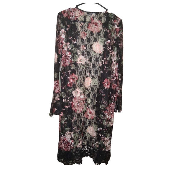 Floral Sheer Lace Duster Robe - Black & Pink - Picture 2 of 6